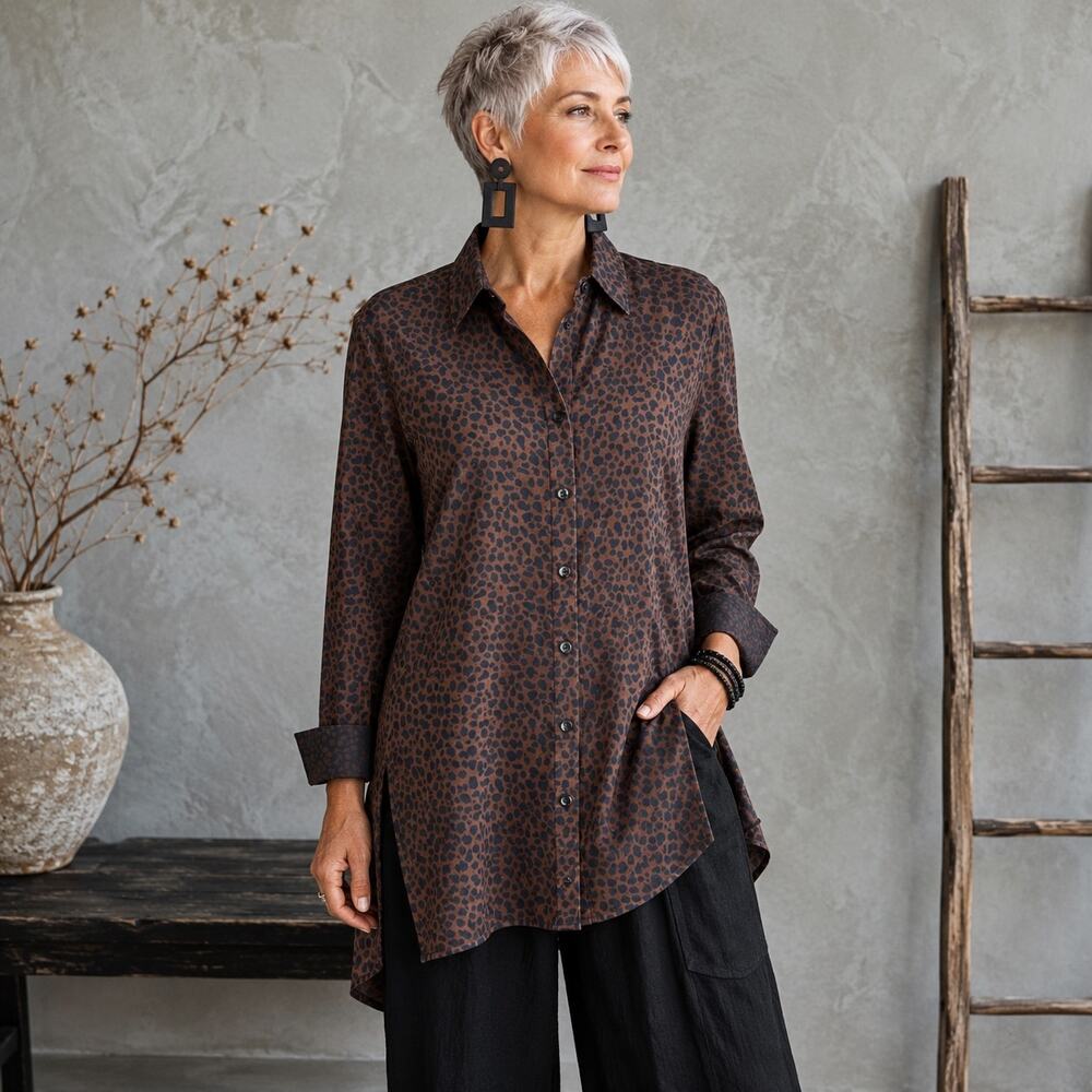 Chico's Navy BRown Leopard Long Sleeve Button up No Iron Top Blouse 3